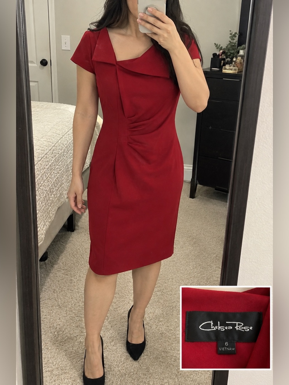Chelsea Rose Red Midi Sheath Dress with Cap Sleeves